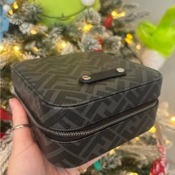 FENDI Zucca Monogram Logo Black & Grey Vanity Zippy Case Box NEW